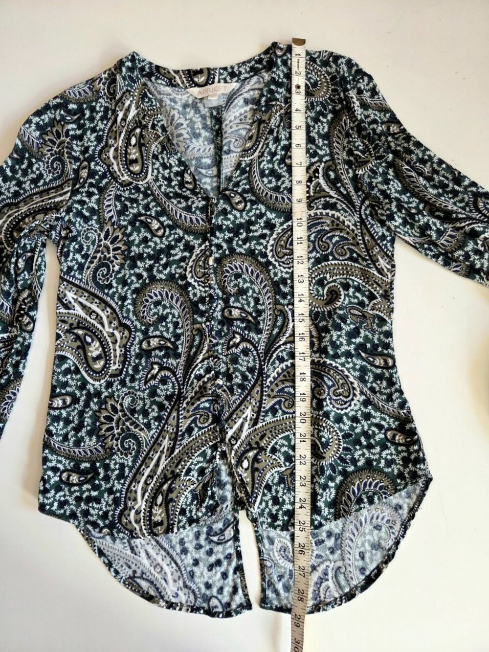 Apricot Navy Green Paisley Print Long Sleeve Blouse V-Neck - Picture 10 of 11